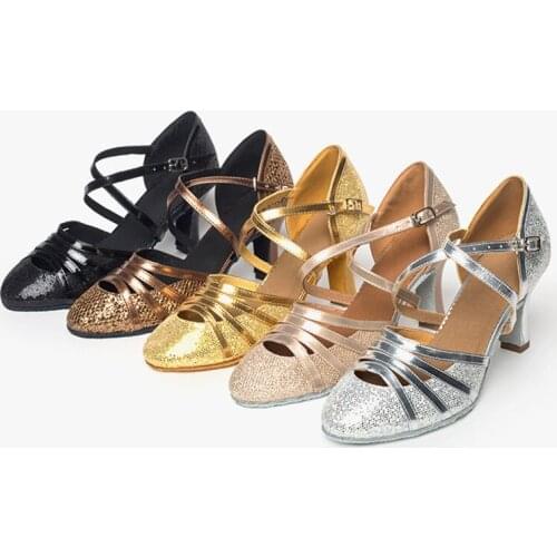 USHINE Heel 7cm/5cm Gold Glitters Zapatos Salsa Mujer Ballroom Zapatos De Baile Latino Mujer Ballroom aLatin Dance Shoes Woman