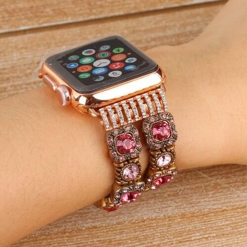 Elastic Beaded Watch Band for Apple iWatch Straps Series 5/4/3/2/1 Handmade Bracelet 38mm 42mm 40mm 44mm Band Woman Crystal Pink