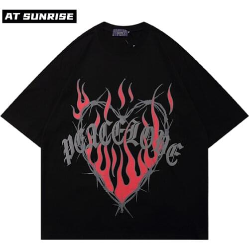 2021 Men Hip Hop Streetwear T-Shirt Harajuku flame Heart Letter T Shirt Cotton Casual Summer Short Sleeve Tshirt Tops Tees Black