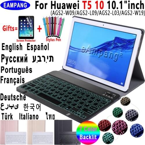 Backlit Keyboard For Huawei MediaPad T5 10 10.1 Keyboard Case AGS2-W09 AGS2-L09 AGS2-L03 Bluetooth Keyboard Leather Cover Funda