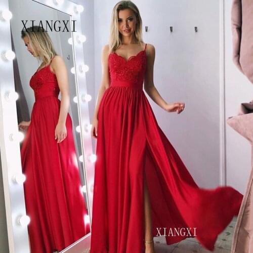 Red Long Evening Dresses Chiffon A-Line Spaghetti Strapless High Slit Lace Floor Length Evening Dress Formal Party Gowns Vestido