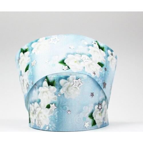 22-75mm silver foil flower printed glowing star ribbon 10/25/50 yards DIY Handmade Gift Packing Wedding Decoration ribbons