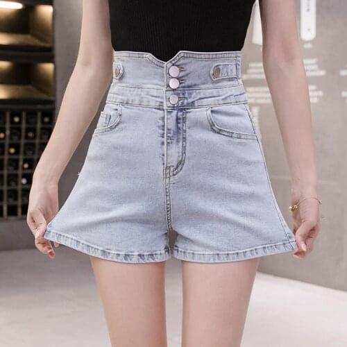 Wholesale 2020 Fashion Casual High-waisted belly button wide-leg hot pants Slim fit belly slimmer high-breasted denim shorts