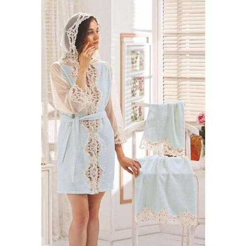 Bathrobe Set for Ladies Bamboo Quality Stylish Design Embroidered Head Towel Elegant fashionable Female Woman vns2