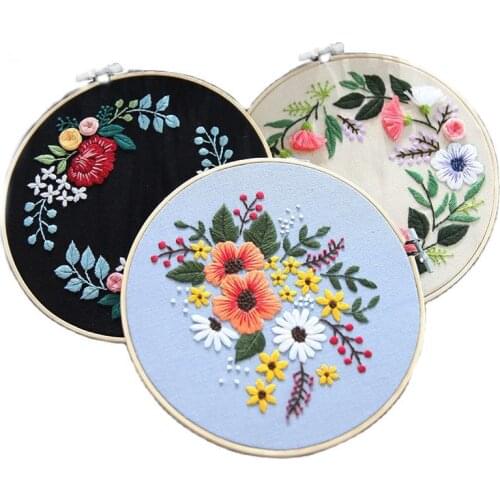 DIY Flower Embroidery Kit with Hoop for Beginner Needlework Pattern Printed Starter Kit Handmade Sewing Art Craft Home Decor