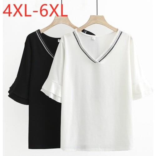 New 2021 Ladies Summer Plus Size Tops For Women Large Short Sleeve Cotton White Black Embroidery V-neck T-Shirt 4XL 5XL 6XL