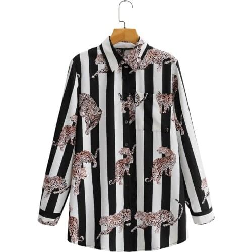 2021 New Spring Women Animal Printing Striped Blouse Female Long Sleeve Shirt Casual Lady Loose Tops Blusas S8321