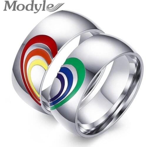 Modyle 2020 New Fashion Rainbow Silver Color Stainless Steel Wedding Bands Promise Rings Couples Engagement Ring For Men Women