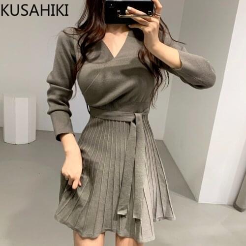 KUSAHIKI Sweater Dress Lace Up Slim Waist Korean Elegant Basic Dresses 2021 Autumn Winter New Woman Knitted Vestidos 6L743