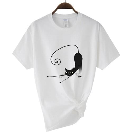 Womens T-shirt Funny Black Cat Print Short-sleeved T-shirt 2021 Summer Net Red Cute O-neck Womens Cartoon Casual T-shirt