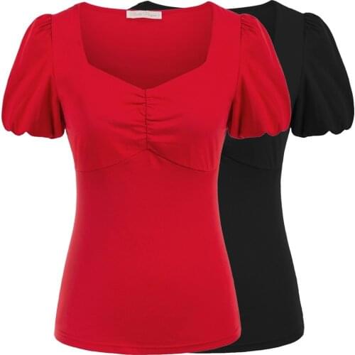 Casual Tshirt Women Square Neck T-Shirt Summer Fashion Retro Puffed Short Sleeve Ruched Bodice Cotton Tops Ladies Tee Female New