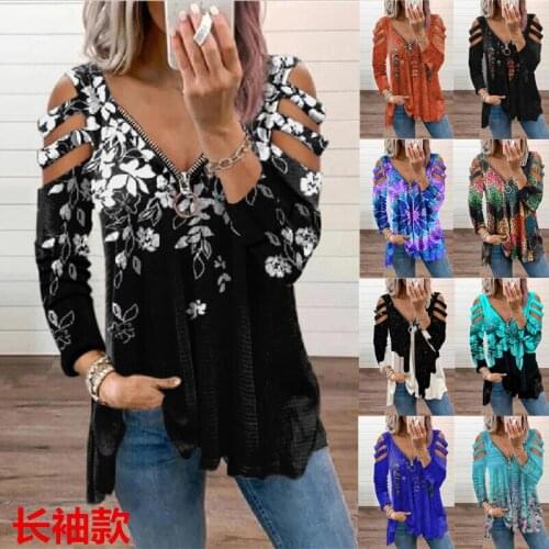 2021 Womens Summer Strapless T-shirt European Zipper Pullover Printing Long-sleeved Loose T-shirt Womens Top Harajuku Goth