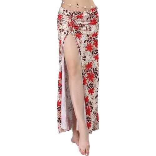 Women Belly Dancing Clothes Ice Silk Long Skirts Wrapped Accessories Stretchy Belly Dance Floral Printed Skirt Side Slit
