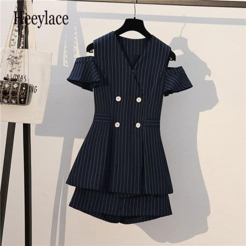 Plus size women set Summer office ladies striped Blouse and Shorts set Women Elegant Solid 2 Piece Set work wear Two Piece Set