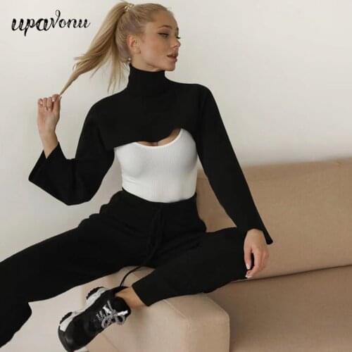 Free Shipping Casual Women Knitted Sportswear Suit 2021 New Long Sleeve Turtleneck Sweater & Hollow Vest & Trousers 2 Piece Set