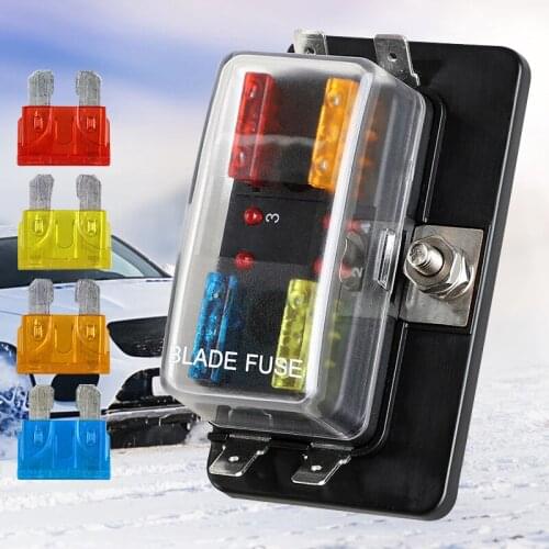 4 Way 12V/24V Auto Car Power Distribution Blade Fusibles Holder Box Block Panel Board Circuit Breakers Automotive 4 Fuse Slots