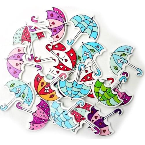 50Pcs Cute Umbrella Shape 2 Hole Mixed Color Wooden Buttons Clothes Sewing Decor