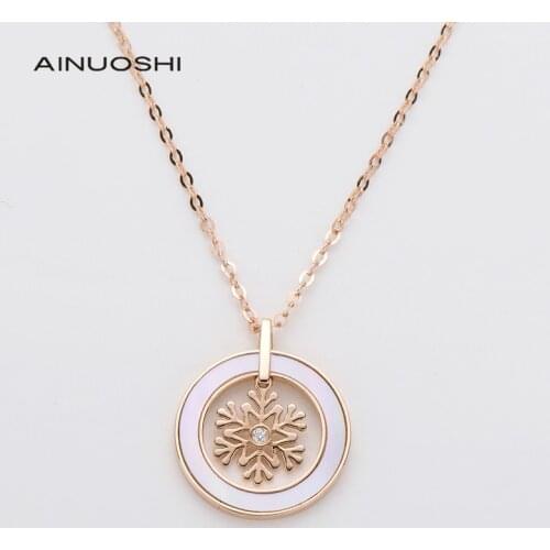 AINUOSHI 18K Gold Real Diamond 0.63ct Pink Mother-Of-Pearl Snowflakes Ins Style Charm Pendant Necklace for Women Jewelry 18