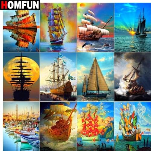 HOMFUN Diy 5d Diamond Painting "Boat sea cloud sky" Cross Stitch Square Round Diamond Embroidery Handwork Rhinestone Art