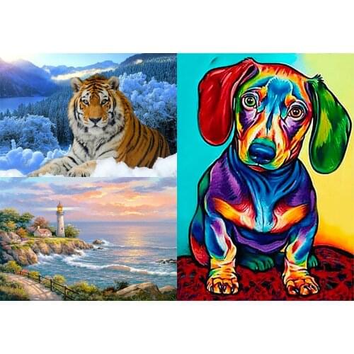Diamonds painting 5d Diy Full of round diamond home embroidery Decoration Tiger Dog Seaside scenery 25x35 size