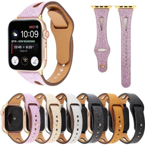 Glitter Leather Strap For Apple Watch Band 44mm 42mm 40mm 38mm V Hole Strap For iWatch Series 5 4 3 2 1 Wrist Bands Bracelet