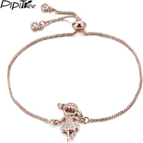 Pipitree Lovely Brass Cubic Zirconia Dancing Girl Bracelet Femme Adjustable Chain Boys and Girls Bracelets Women Jewelry Gift