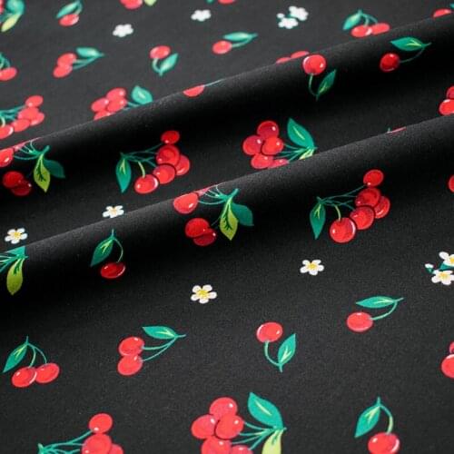 Black Color Red Cherry Pure Cotton Fabric For Dress Tissus Coton ImprimÉ Sewing Telas Algodon Estampadas Ткань Au MÈTre DIY