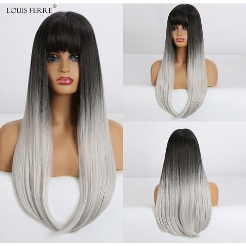 LOUIS FERRE Long Straight Synthetic Wigs with Bangs Ombre Black White Wigs for Black Women Afro Heat Resistant Fiber Fake Hair
