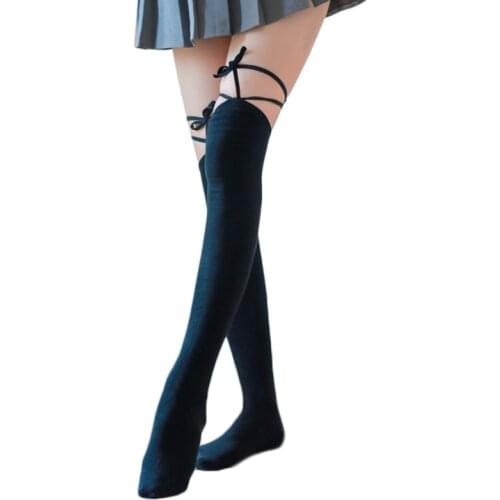 Women Sexy Over The Knee Thigh High Stockings Criss-Cross Tie Up Bandage Bowknot Japanese Style Lolita Black Long Socks