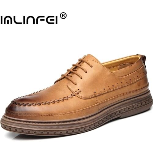 IMLINFEI Mens Casual Shoes Business Leather Shoes Handmade Lace-up Shoes