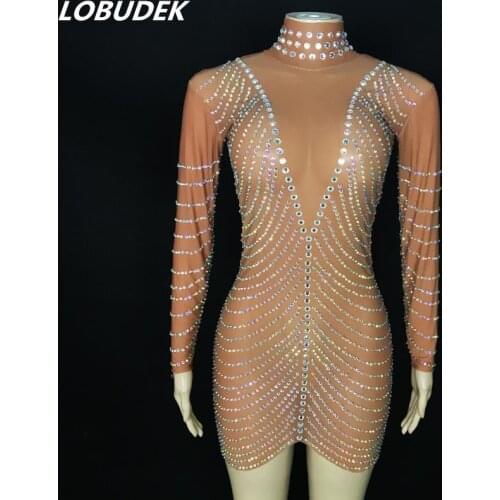 Sparkly Rhinestones Mesh Transparent Short Dress Evening Party Prom Dance Outfit Birthday Celebration Singer Host Stage Costume