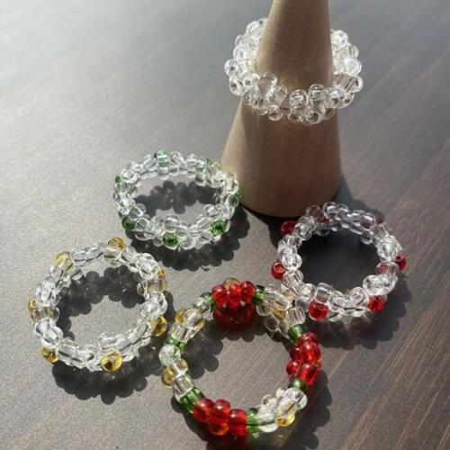 Finger Ring Jewelry Glass Ring Vintage Ring Bead Ring Elastic Ring Hand Woven Beaded Elastic Ring Flowers Rings