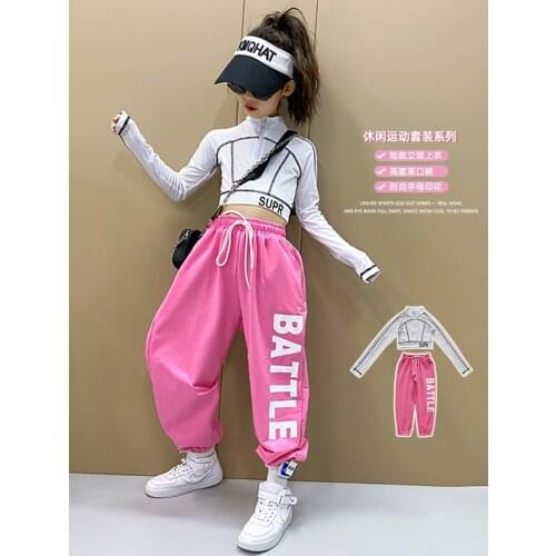 Girls' street dance set performance T-shirt 2021 spring new Zhongda childrens long-sleeved bottoming shirt Harlan pants