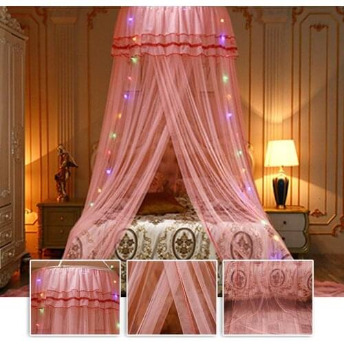 Bed Canopy Pink/purple/blue Mosquito Net Princess Bed Tent Curtain Foldable Canopy On The Bed Elegan with colorful light
