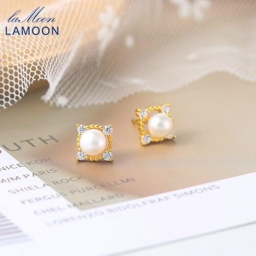 LAMOON Natural Pearl Stud Earrings For 925 Silver Womens Ear Rings Gold Plated Korean Fine Jewelry 2020 Trendy Christmas Gits
