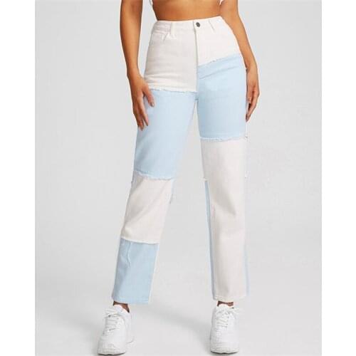 Fashion Patchwork New Cargo Pants Casual High Waist Slim Straight Color Matching Jeans Trousers Retro Wild Denim Pant For Women
