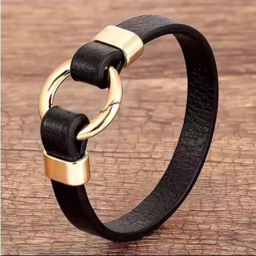 Fashion trend Leather Mens jewelry metal round spring buckle simple leather rope bracelet womens gift