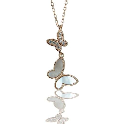 Two Butterfly Pearl Cubic Zirconia Top Quality 925 Silver Necklace