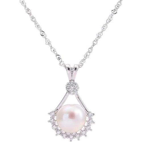 MADALENA SARARA S925 Sterling Silver 9-10mm Freshwater Pearl Pendant Women Necklace Cubic Zirconia Fashion Fan Chain Necklace