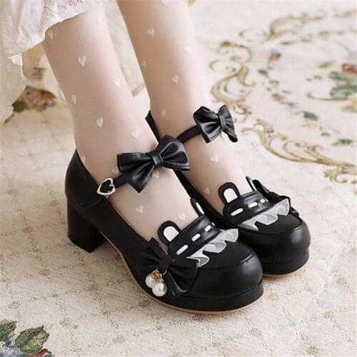 PXELENA OL JK Japanese Cosplay Lolita Shoes Princess Large Size 34-48 Pearls Ear Bow Tie Dress Party Costume Student Pumps Women