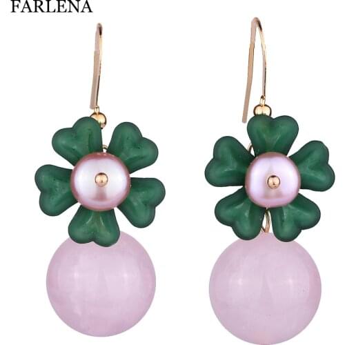 FARLENA Jewelry Handmade Natural Stone Flower Drop Earrings with freshwater pearls Vintage Ethnic Pink Crystal Earrings Girl