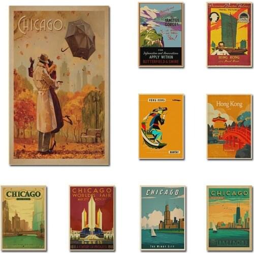 World Travel Series Vintage Kraft Paper Poster of Chicago Hong Kong Venezuela Seoul Sticker for Bar Home Art Wall Decor Painting