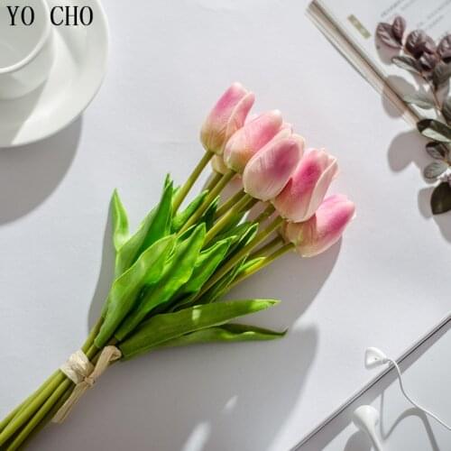 YO CHO 31pcs/lot Tulip Fake Flowers Real Touch Wedding Flower PU Home Craft Festival Decoration Bridesmaid Bouque Party Supplies