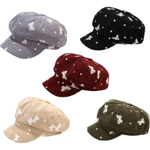 Women British Style Vintage Velvet Octagonal Baseball Hat Butterfly Embroidery Newsboy Painter Visor Beanie Beret Cap