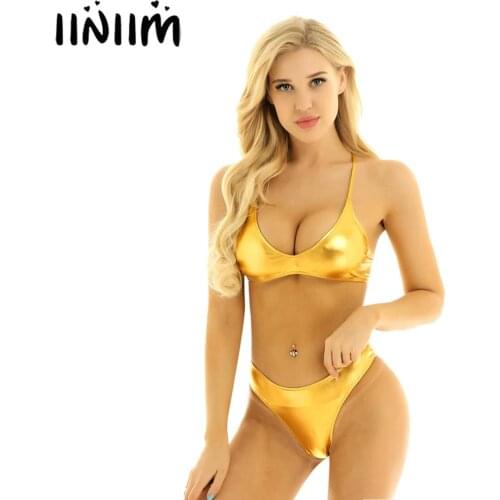 Femme Womens Shiny Metallic Bikini Set for Swimsuit Swimwear Summer Parties Strappy Cross Back Crop Top with Briefs Underwear