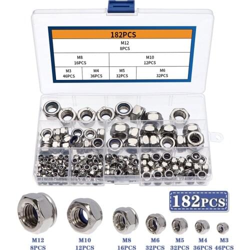 182/150pcs Lock Nut Set 304 Stainless Steel M3 M4 M5 M6 M8 M10 M12 Hex Hexagon Self locking Nut Assortment Kit