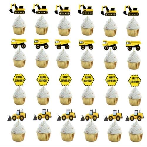 24pcs/12pcs Baby Shower Birthday Party Construction Truck Excavator Cakecup Topper Birthday Party Baking Cake Decorations Tools