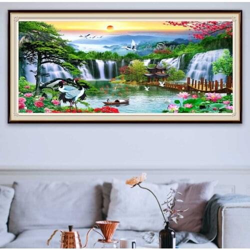 Big Size Waterfall Diamond Painting Welcome Song Landscape Embroidery Full Round Cross Stitch Mosaic Rhinestone Pictures Decor