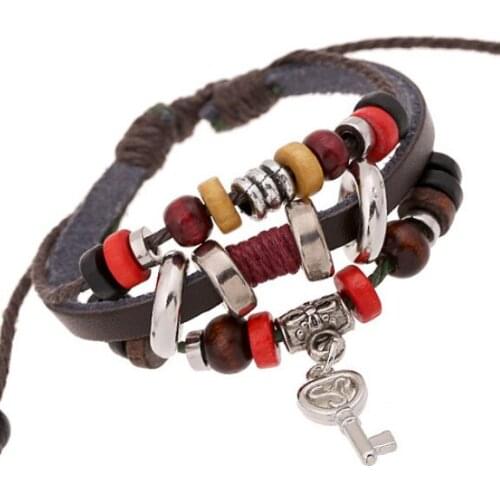 Fashion Key Women Men Leather Bracelet Wrap Alloy Bead Charm Multilayer Wax Cord Bangle Lovers Adjustable Wristband Jewelry Gift