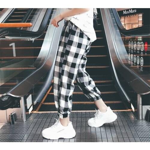 2021 Autumn New Black White Women Plaid Pants High Waist Casual Loose Female Ankle-length Pants Fashion Drawstring Harem Pants